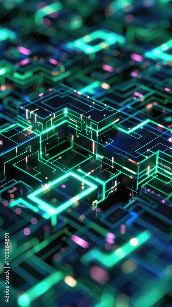 Abstract Digital Circuitry Glowing Neon Green and Pink Lines Complex Network Technology Background