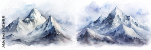 Dynamic watercolor depiction of towering mountains, enveloped in clouds and atmospheric depth.