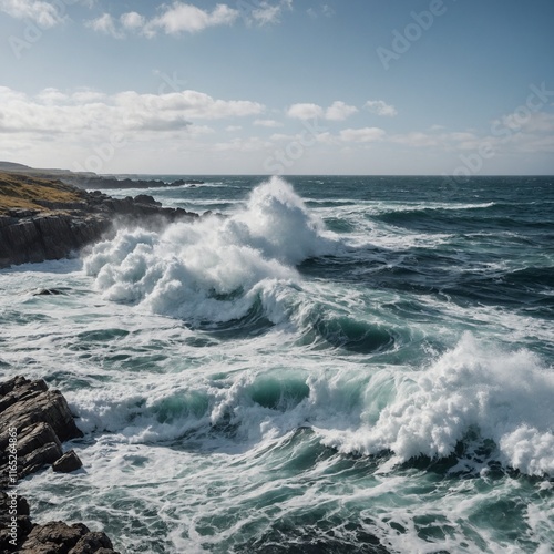 A calm sea turning turbulent near a rugged shoreline, with splashes of white foam against a white background.