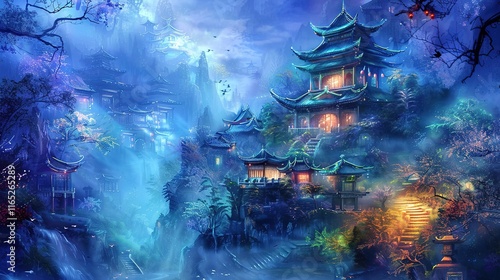 Art prints chinese temple fantasy background