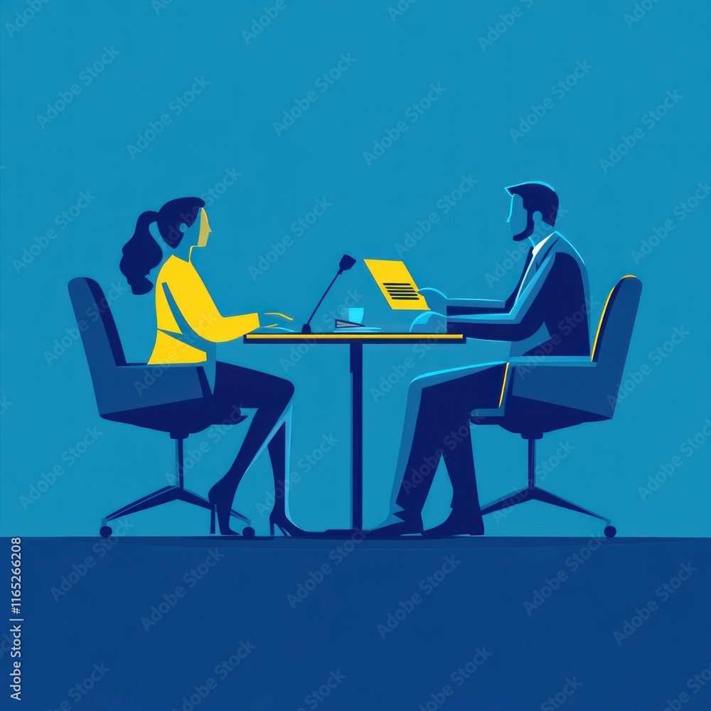 Two individuals engaged in a conversation at a table with a laptop.