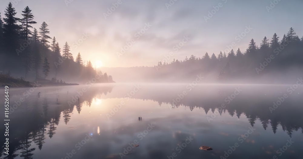 Obraz premium Abstract, dreamy, and surreal, overexposed photograph of a misty lake at dawn, foggy morning, minimalist photography