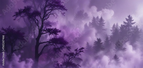 Dense misty veil of dark purple swirling smoke waves background with blurred trees, mysterious fog, smoke and fog, black clouds