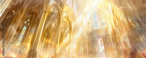 Worship scene with radiant light streaming through stained glass windows, creating a serene and peaceful atmosphere in watercolor style. religion, spirituality, meditation, sacred space, aesthetics
