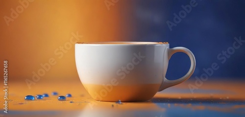 Empty cup with a few coffee droplets on an orange and blue background with a slight blur effect, minimalistic, blur, drips photo