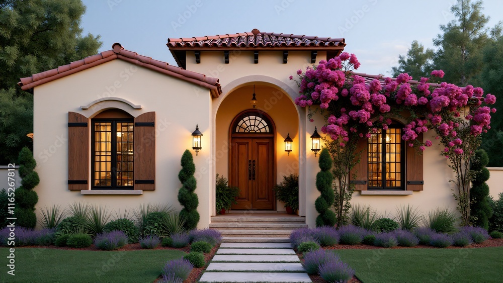 Fototapeta premium Mediterranean façade with cream stucco walls, red terracotta roof, arched windows, wooden shutters, bougainvillea, stone pathways, lavender, and lantern lighting for timeless charm and elegance.
