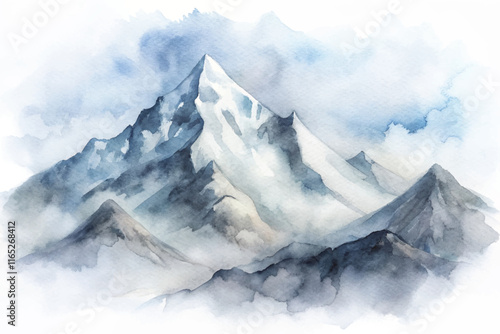 Ethereal watercolor depiction of towering mountains under a bright sky, enveloped in gentle mist.