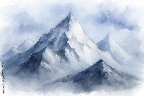 Enchanting watercolor mountains with soft textures and mist, creating a serene and tranquil scene.