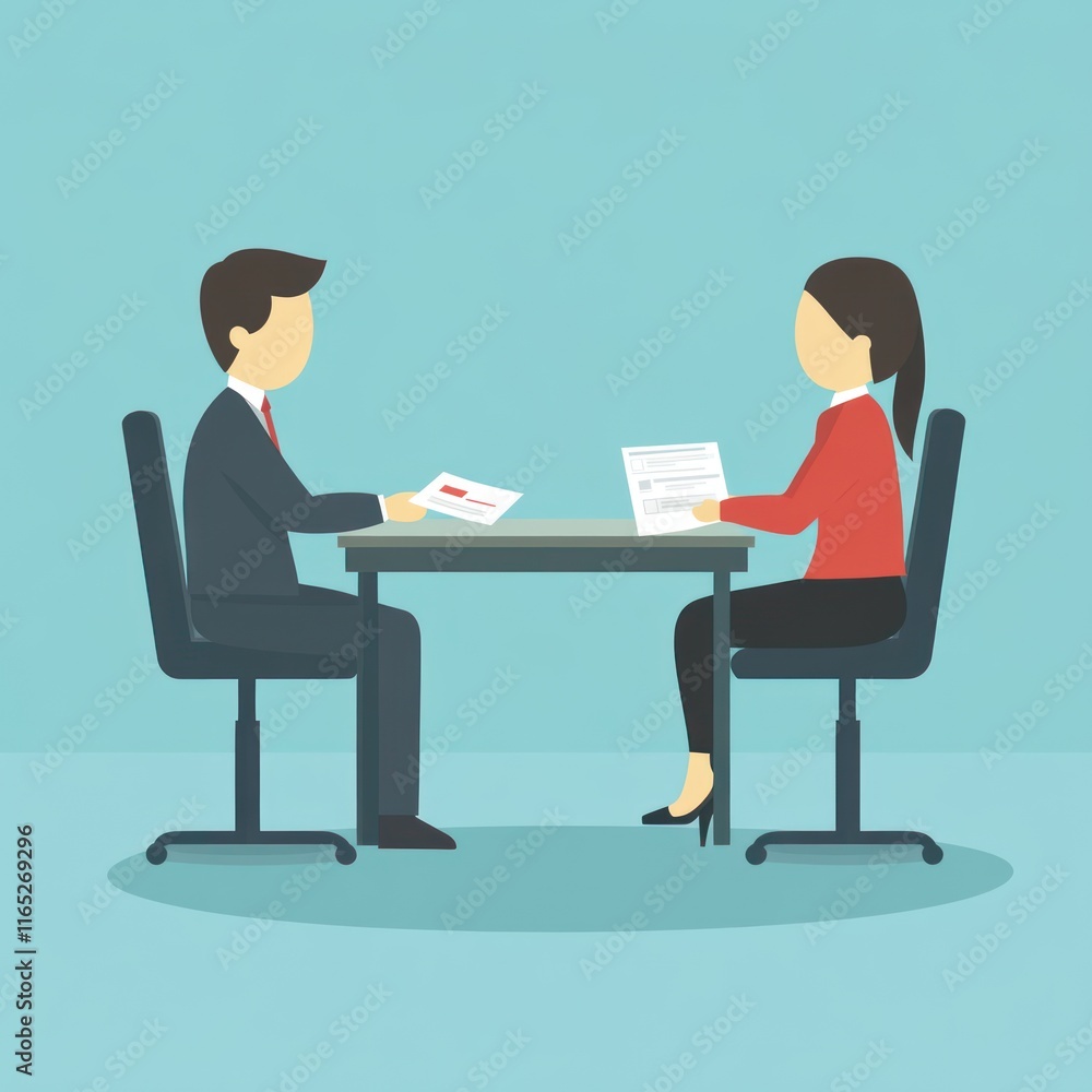 Two people in a business meeting discussing documents at a table. Two people in a business meeting discussing documents at a table.