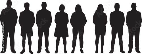Business Team Silhouette: Vector Illustration of Men and Women Standing – Black on White Background