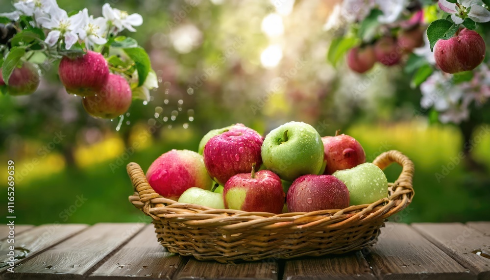 Fresh red and green apples with droplets rest in a woven basket, surrounded by picturesque apple trees in full bloom Fresh red and green apples with droplets rest in a woven basket, surrounded by picturesque apple trees in full bloom