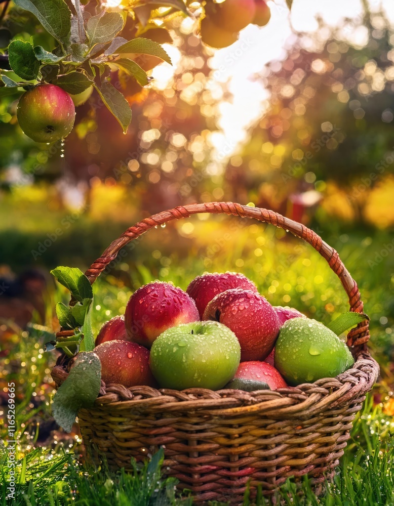 Fresh red and green apples with droplets rest in a woven basket, surrounded by picturesque apple trees in full bloom Fresh red and green apples with droplets rest in a woven basket, surrounded by picturesque apple trees in full bloom