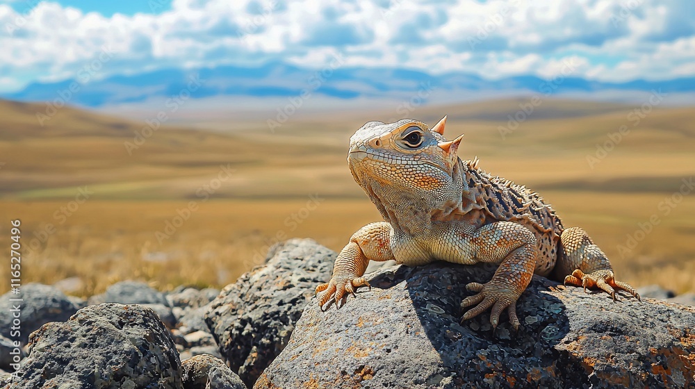Fototapeta premium Lizard basking on rock in mountainous landscape.