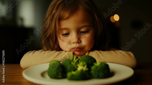 Little girl showing disgust at a plate of broccoli