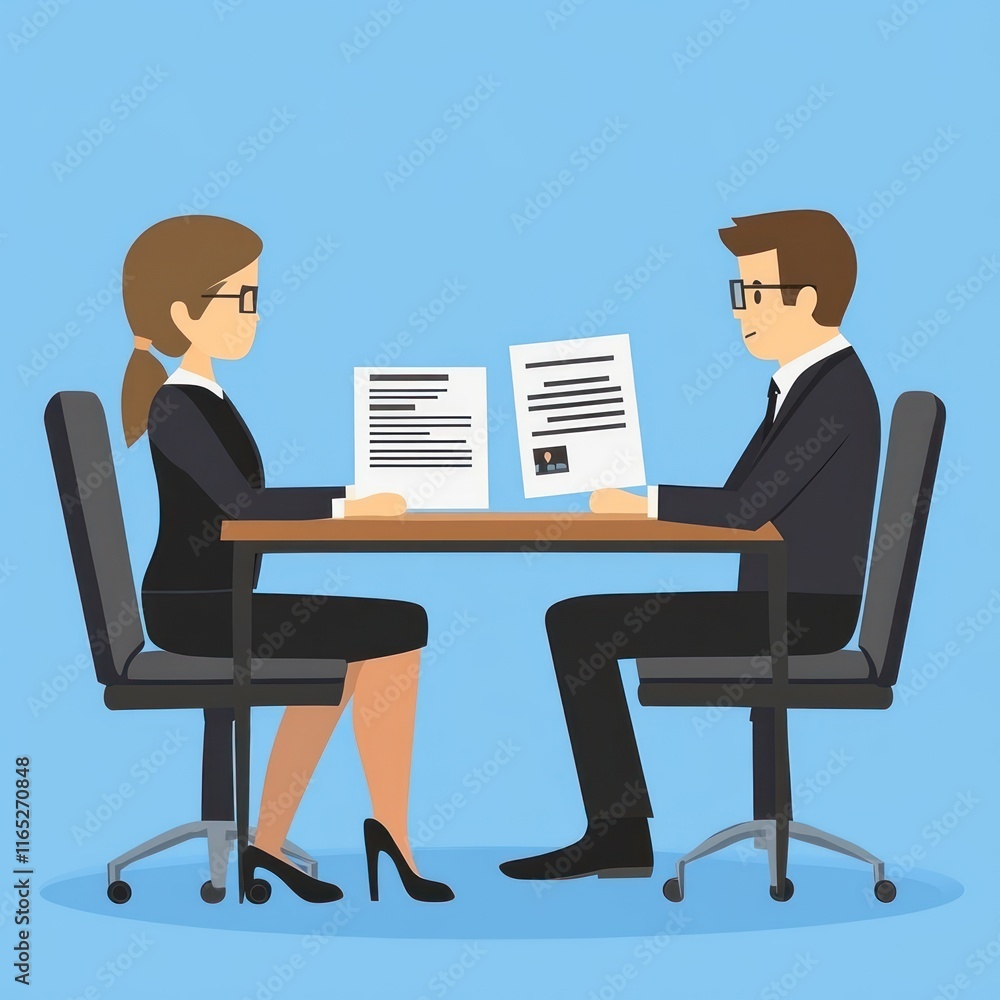 Two professionals discussing documents at a table in a business setting. Two professionals discussing documents at a table in a business setting.