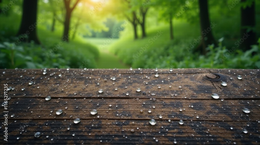 Wooden surface with water droplets and a blurred forest background Wooden surface with water droplets and a blurred forest background