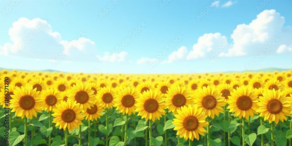 Fototapeta premium Serene Summer Sunflowers in a Vast Field Under a Bright Sky