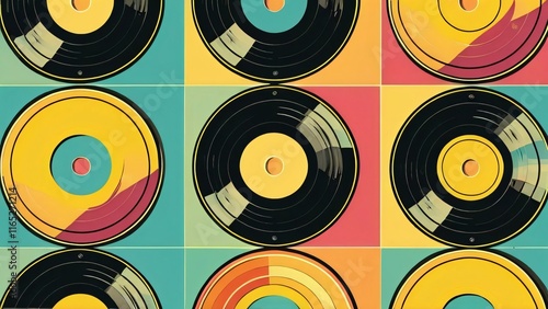 World Vinyl Record Day Celebration: Retro Music Enthusiasts Enjoying Vintage Records Against Vibrant Backdrops