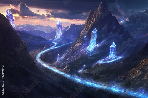 Crystal Mountains Glowing Road Fantasy Landscape photo