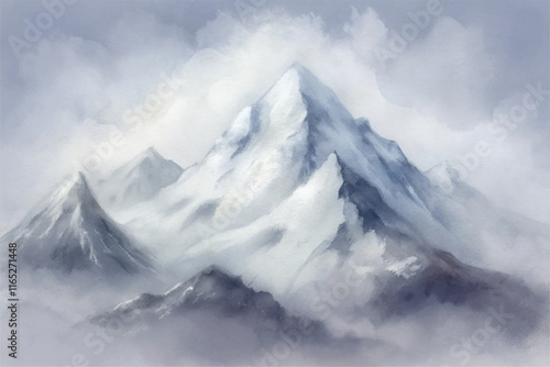 Majestic watercolor mountains with a soft gray palette, shrouded in mist and mystery.