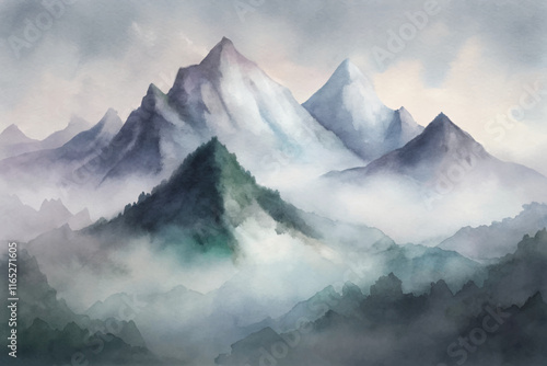 Serene watercolor landscape featuring majestic mountains shrouded in mist and soft hues.