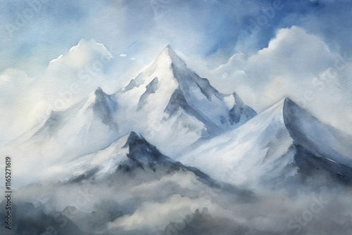 Stunning watercolor depiction of towering mountains under a blue sky, enveloped in soft clouds.