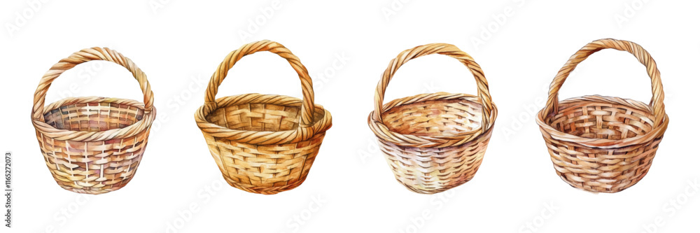 Obraz premium Set of watercolor wicker baskets png. Element for picnic, Easter, eco-friendly carrying, etc. Rural eco-friendly baskets with eco materials. Vector illustration.