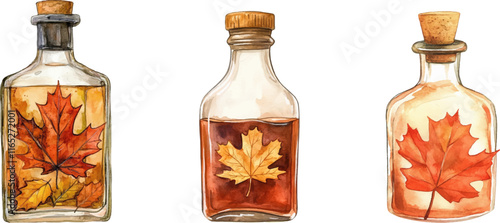 Watercolor set of glass bottles with maple syrup. Vintage jars of maple syrup with maple leaves in the middle. Vector illustration.