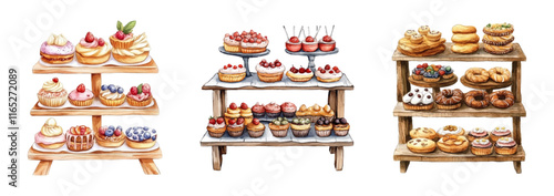 Watercolor wooden shelves with sweets. Shelves with various cookies, cakes, pies and cupcakes, etc. Concept of a fair, candy bar, festival, etc.