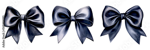 Watercolor set of black elegant bows. Vintage bows made of black satin ribbon on transparent background. Elegant and vintage decorations, hair accessories, etc.