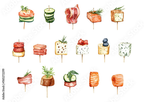 Watercolor set of snacks on skewers png. Various canapes with cheese, fish and vegetables. Catering concept. Canape sandwiches for a buffet table. Vector illustration.