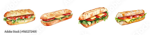 Watercolor set of sandwiches on a baguette. Each one is filled with fresh ingredients such as lettuce, tomato slices, cheese and drizzled sauce. 