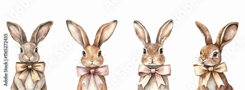 Watercolor set of cute rabbits decorated with a satin ribbon bow. Easter design elements. Watercolor Easter rabbits on a white isolated background.