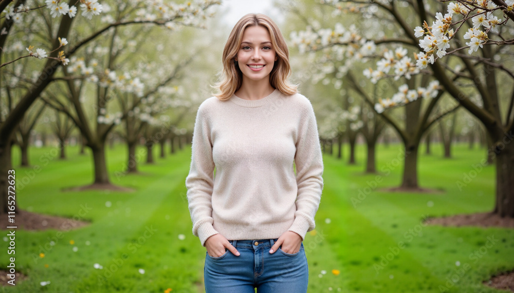 Smiling young woman standing in flowering orchard Smiling young woman standing in flowering orchard