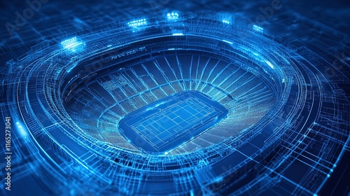 Architectural blueprint of a stadium with detailed seating arrangements, technical precision 