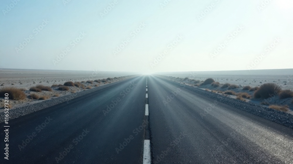 Fototapeta premium Asphalt Road Cutting Through a Hazy Desert Landscape on a Sunny Day