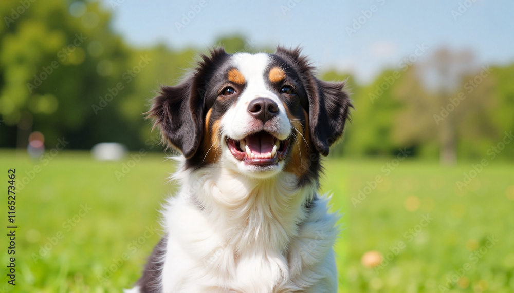 Smiling dog enjoying sunny day on green field Smiling dog enjoying sunny day on green field