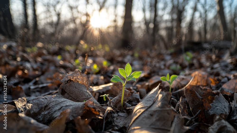 A small green sprout of leaves emerges from the trunk A small green sprout of leaves emerges from the trunk