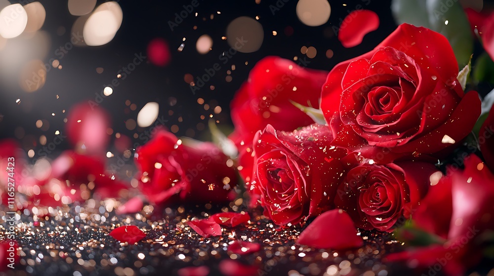 Three red roses with petals and glitter on dark background. Three red roses with petals and glitter on dark background.