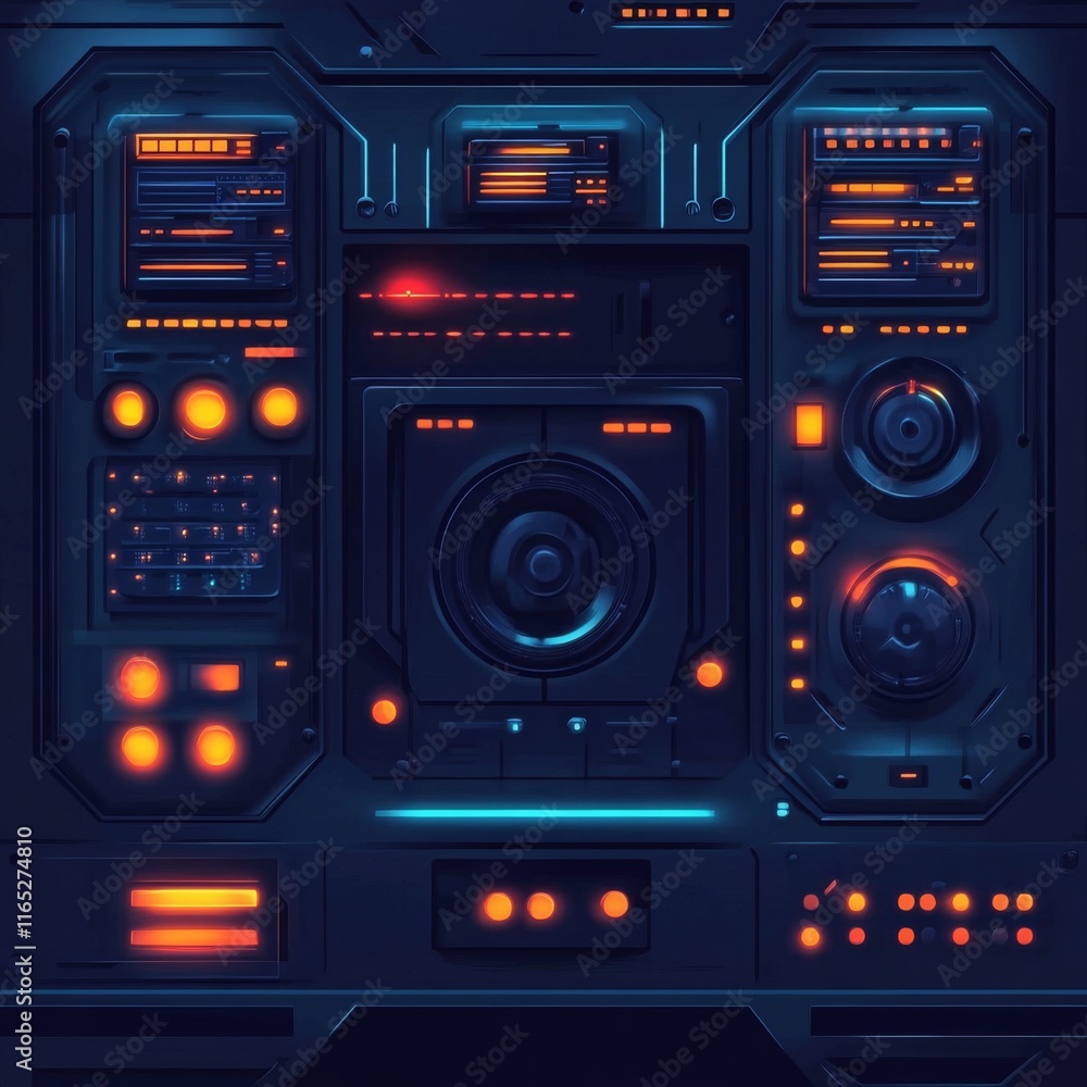 Fototapeta premium Futuristic control panel with glowing buttons, digital displays, and a central circular element.