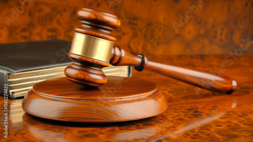 Gavel and Legal Documents on Wooden Table Symbolizing Copyright Dispute with Blurred Courtroom Background