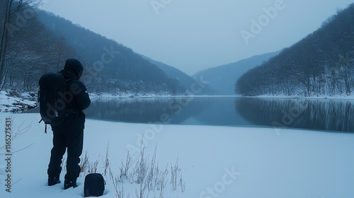 Solo hiker admires tranquil frozen lake in snowy mountains.