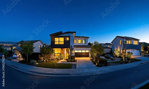 A modern house illuminated at dusk, showcasing contemporary architecture and landscaping.