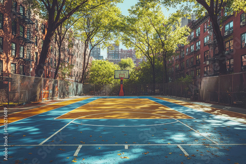 Empty outdoor basketball court surrounded by trees in new york city