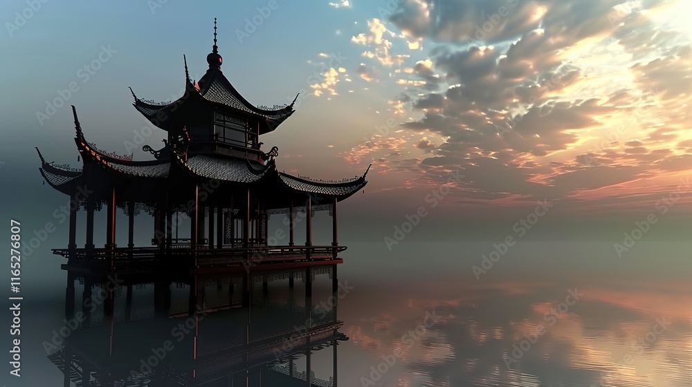 Naklejka premium Fantasy landscape Oriental chinese temple fantasy