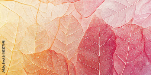 Close-up of maple leaves showcasing delicate veins with a gradient of red to yellow, illuminated by soft natural lighting, creating a vibrant fall background.

