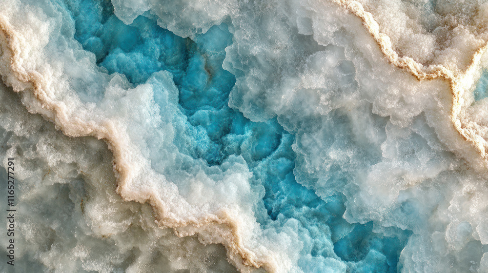 A detailed view of natural salt deposits along the western Dead Sea coast, with glistening white salt patterns meeting the calm turquoise waters. A detailed view of natural salt deposits along the western Dead Sea coast, with glistening white salt patterns meeting the calm turquoise waters.