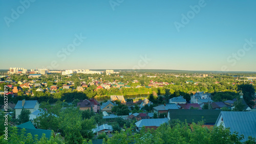 Penza, Russia - July 12, 2024: Panorama, view of Peski Island. Sura River. Sunset time photo