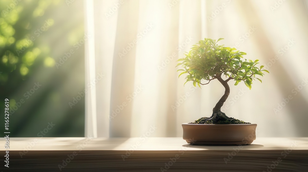 Fototapeta premium A peaceful bonsai tree displayed in an elegant room with sunlight filtering through sheer curtains, patience, serenity, balance