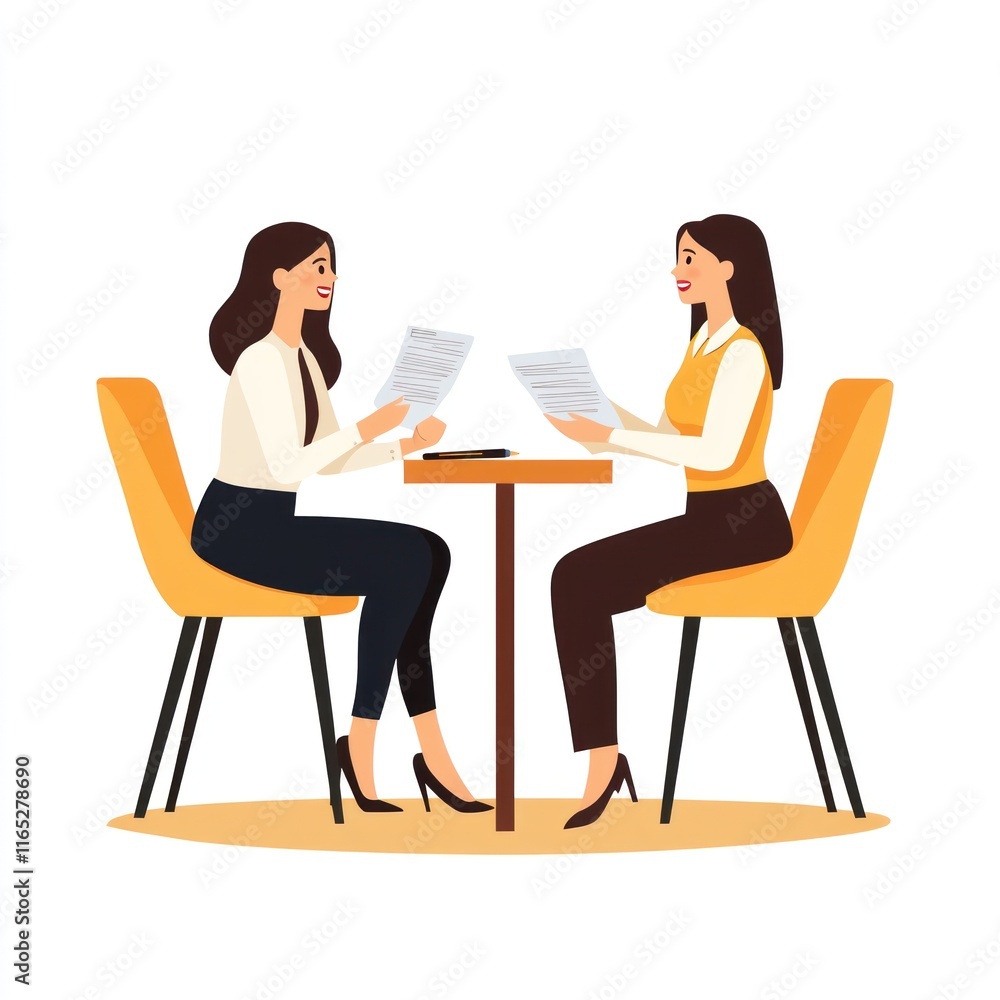 Two women seated at a table, reviewing documents in a professional setting. Two women seated at a table, reviewing documents in a professional setting.